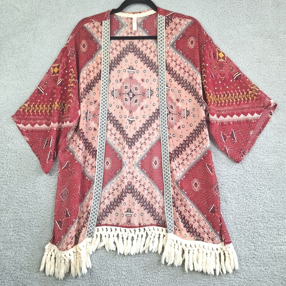 Xhilaration Kimono Womens Medium Dark Red Aztec Tassel Fringe Festival Boho